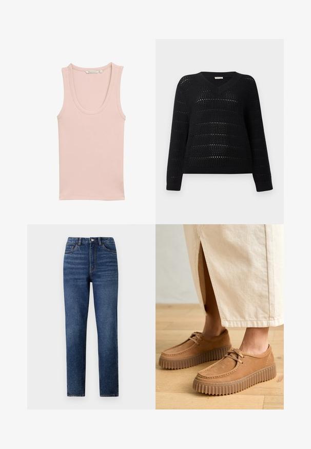 TOM TAILOR DENIM V NECK - Pulover - deep black; Svetlo roza rebrasti top brez rokavov z okroglim izrezom in širokimi naramnicami, izdelan iz mehkih materialov. Ima nalepko z informacijami o velikosti.; Modre kavbojke z visokim pasom in ravnimi nogami, ki imajo subtilno obrabo, enojno zapiranje s gumbom in zasnovo s petimi žepi.; Tanjasti usnjeni čevlji z teksturirano površino, okroglim prstom in debelimi, žlebljenimi podplati. Šnure in detajli šivanja dodatno poudarjajo obliko.