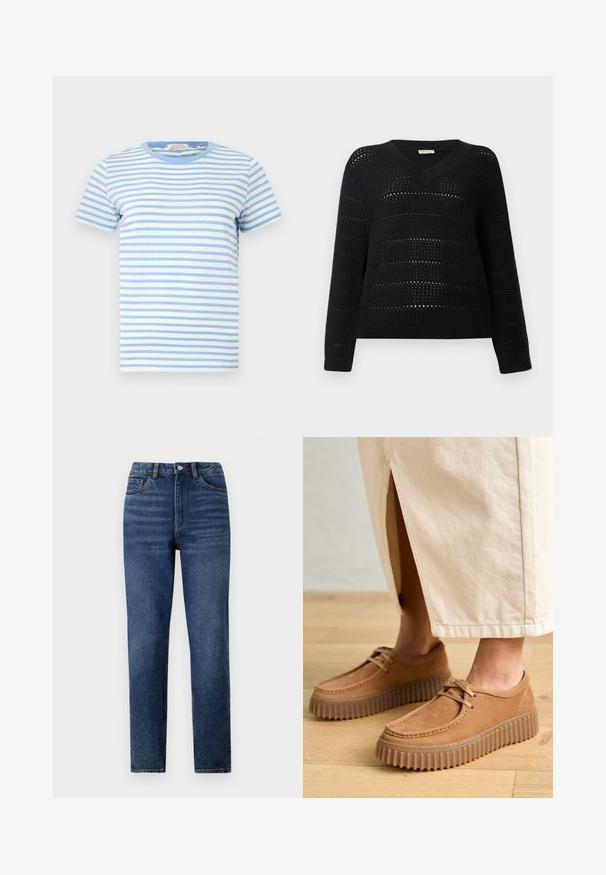 TOM TAILOR DENIM V NECK - Stickad tröja - deep black; Kortärmad t-shirt i ljusblå och vita ränder, gjord av bomull. Har en rund halsringning och en rak fåll med en mjuk textur.; Höga blå denimjeans med rak ben, med subtila slitningar, enkel knappknäppning och femfickorsdesign.; Tanan läderskor med en strukturerad yta, rund tå och tjocka, räfflade sulor. Snören och sömnadsdetaljer förhöjer designen.
