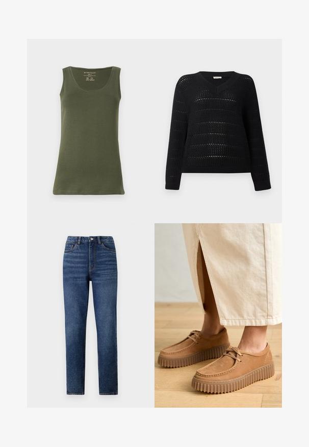 TOM TAILOR DENIM V NECK - Pulover - deep black; Top fără mâneci de un verde măsliniu, fabricat din bumbac moale de tip jersey. Are un decolteu rotund și o margine dreaptă, cu un design casual.; Blugi din denim albastru cu talie înaltă, cu picior drept, având detalii fine de decolorare, închidere cu un singur nasture și design cu cinci buzunare.; Pantofi de culoare caramel din piele cu o suprafață texturată, vârf rotund și tălpi groase, cu striații. Sireturile și detaliile de cusătură completează designul.