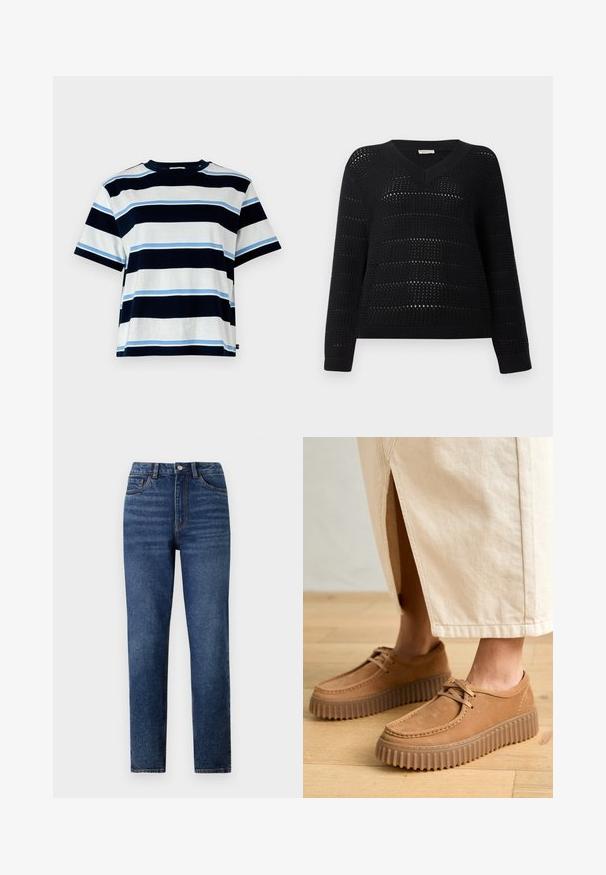 TOM TAILOR DENIM V NECK - Džemperis - deep black; Īsām piedurknēm T-krekls ar horizontālām svītrām tumši zilā, gaiši zilā un baltā krāsā. Izgatavots no mīkstas kokvilnas, tam ir apaļa kakla izgriezuma forma un brīvs piegriezums.; Augstās jostasvietas zila džinsinga bikses ar taisnu kāju, ar smalku izbalējumu, vienu pogu aizdari un piecu kabatu dizainu.; Brūni ādas apavi ar teksturētu virsmu, apaļu purngalu un bieziem, rievotiem zoliem. Šnīres un šuvju detaļas papildina dizainu.