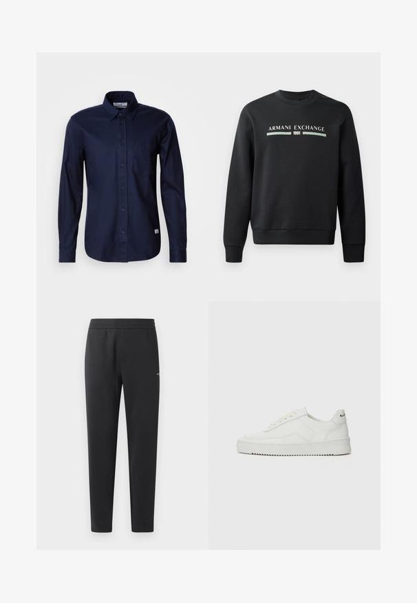Melna sporta krekla izgatavots no mīksta auduma. Tam ir apaļš kakls un garas piedurknes. Priekšpusē ir rakstīts "ARMANI EXCHANGE" un "1991" kontrastējošās krāsās.; Tums zilas garām piedurknēm pogājama krekls, izgatavots no gludas kokvilnas, ar klasisku apkakli, vienu krūtis kabatu un pogu aizdari priekšā.; Melni sporta bikses, kas izgatavotas no mīkstas auduma, ar elastīgu jostasvietu, taisnām kājām un nelielu logotipa detaļu sānos.; Baltas ādas sneakers ar gludu virsmu, apaļu pirkstu daļu, plakaniem šņorēm un teksturētu zoli. Satur diskrētu logotipu uz papēža.