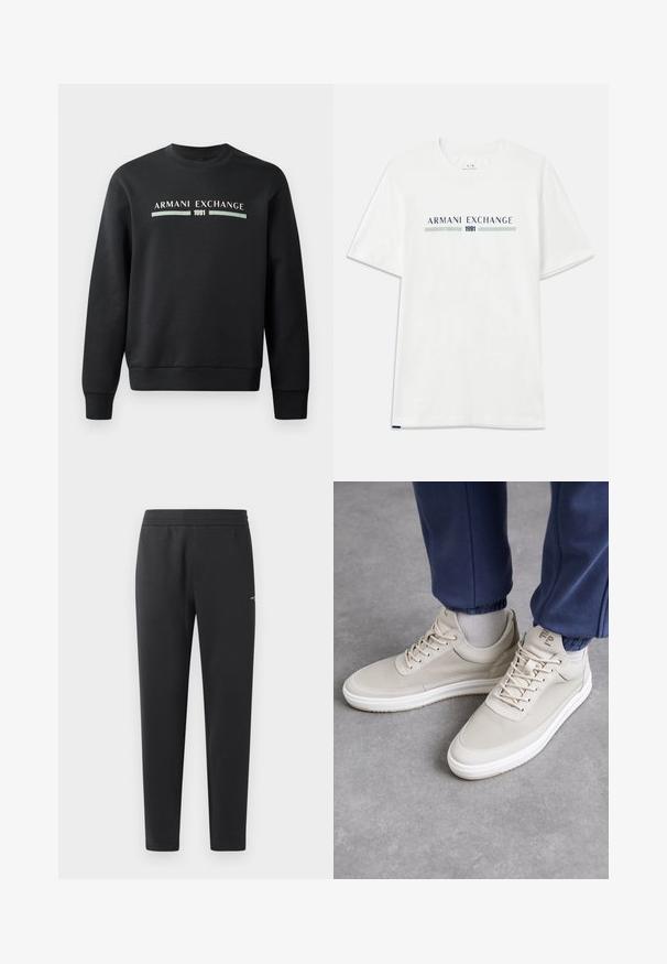 Black sweatshirt made from soft fabric. Features a crew neckline and long sleeves. The front displays "ARMANI EXCHANGE" and "1991" in contrasting colors.; White cotton t-shirt with short sleeves, featuring a blue and green "ARMANI EXCHANGE" logo and "1991" centered below.; Black jogger pants made of soft fabric, featuring an elastic waistband, straight legs, and a single small logo detail on the side.; Beige sneaker with textured material, round toe, laces, and minimalistic design. White sole with light tan detailing. Worn with navy joggers.