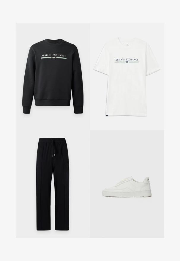 Čierna mikina vyrobená z mäkkej tkaniny. Má okrúhly výstrih a dlhé rukávy. Na prednej strane zobrazuje "ARMANI EXCHANGE" a "1991" v kontrastných farbách.; Biele bavlnené tričko s krátkym rukávom, zdobené modrým a zeleným logom "ARMANI EXCHANGE" a s nápisom "1991" umiestneným centrálne pod ním.; Čierne, ľahké nohavice s elastickým pásom a šnúrkou, s dvoma prednými plisami a priamym strihom. Hladká textúra.; Biele kožené tenisky s hladkým povrchom, okrúly špičkový dizajn, ploché šnúrky a textúrovaná podrážka. Obsahujú jemné logo na päte.