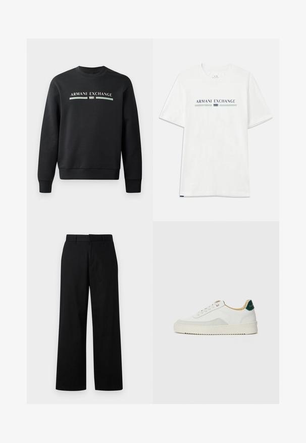 Felpa nera realizzata in tessuto morbido. Caratterizzata da un collo rotondo e maniche lunghe. Sul davanti sono stampate le diciture "ARMANI EXCHANGE" e "1991" in colori a contrasto.; T-shirt bianca in cotone a maniche corte, con logo "ARMANI EXCHANGE" blu e verde e "1991" centrato sotto.; Pantaloni neri a gamba larga realizzati in un tessuto liscio. Presentano un davanti piatto con passanti per cintura e una taglio dritto, con dettagli minimi.; Sneaker bianco con accenti in camoscio, punta rotonda, lacci piatti e suola in gomma crema. Presenta un marchio verde sul tallone.
