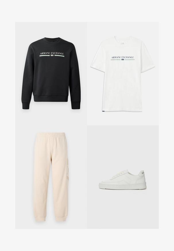 Juodas džemperis, pagamintas iš minkštos medžiagos. Papuoštas apvaliu kaklu ir ilgomis rankovėmis. Priekyje išspausdinta "ARMANI EXCHANGE" ir "1991" kontrastingomis spalvomis.; Balta medvilninė marškinėliai trumpomis rankovėmis, su mėlyna ir žalia "ARMANI EXCHANGE" logotipu ir "1991" užrašu centre.; Bežiniai sportiniai kelnės, pagamintos iš minkštos medžiagos, su elastinga juosta ir aptrauktomis kulkšnimis. Šone yra subtilus reljefinis logotipas.; Balti odiniai sportiniai bateliai su lygia apdaila, apvaliu pirštu, plokščiais raišteliais ir tekstūruotu padu. Pasižymi subtiliu logotipu ant kulno.