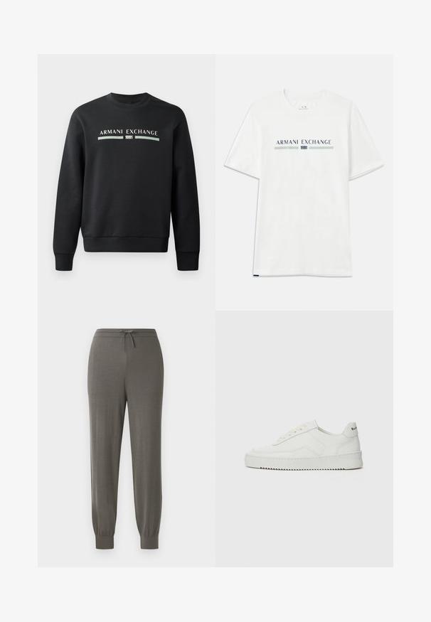 Schwarzer Sweatshirt aus weichem Stoff. Mit Rundhalsausschnitt und langen Ärmeln. Auf der Vorderseite sind "ARMANI EXCHANGE" und "1991" in kontrastierenden Farben gedruckt.; Weißes Baumwoll-T-Shirt mit kurzen Ärmeln, das ein blaues und grünes "ARMANI EXCHANGE"-Logo zeigt, mit "1991" zentriert darunter.; Grau Jogginghosen mit einem Kordelzugbund, schmal zulaufenden Bündchen, weichem Stoffgefühl und einem glatten, minimalistischen Design.; Weiße Ledersneaker mit glatter Oberfläche, runder Zehenpartie, flachen Schnürsenkeln und strukturiertem Sohlenprofil. Mit einem dezenten Logo an der Ferse.