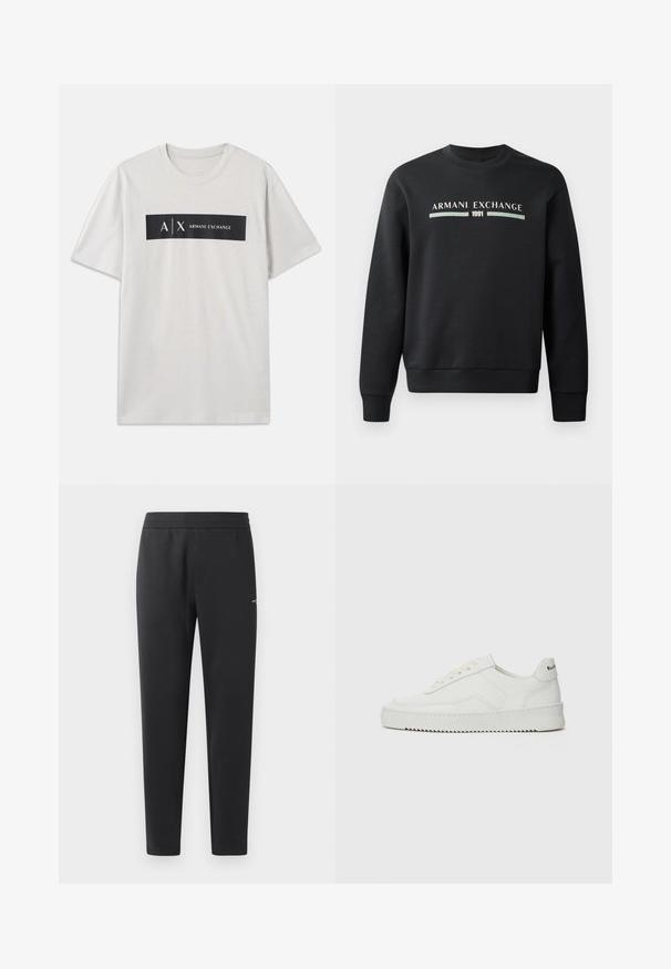 Mustakas sweatshirts, mis on valmistatud pehmest kangast. Omab ümmargust kaelust ja pikki varrukaid. Ees on kujutatud "ARMANI EXCHANGE" ja "1991" kontrastsetes värvides.; Heledhall t-särk lühikeste varrukatega, valmistatud puuvillast. T-särgil on must ristkülikukujuline graafika, millel on valgetes tähtedes "A/X" ja "ARMANI EXCHANGE".; Mustad jogger pants pehmest kangast, millel on elastne vöökoht, sirged sääred ja üks väike logodetail küljel.; Valge nahast tennis, millel on sile põhi, ümar varvas, lamedad nöörid ja tekstuuriline tall. Sisaldab diskreetset logo kontsaribal.