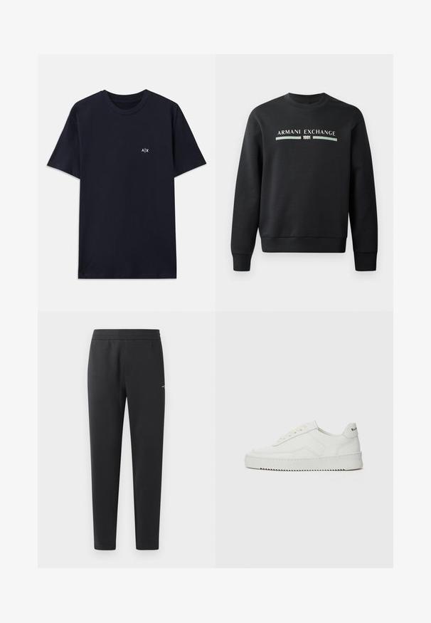 Fekete pulóver, puha anyagból készült. Kerek nyakú, hosszú ujja van. Az elülső részén "ARMANI EXCHANGE" és "1991" felirat látható eltérő színben.; Sötétkék pamut póló rövid ujjakkal és kerek nyakkivágással. A bal mellrészen egy kis fehér "A|X" logó található.; Fekete sportnadrág puha anyagból, rugalmas derékpánttal, egyenes szárakkal és egy kis logó részlettel az oldalán.; Fehér bőr sportcipő sima felülettel, kerek orral, lapos fűzőkkel és texturált talppal. Finom logó található a sarokon.