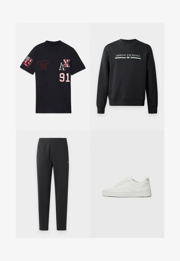 Melna sporta krekla izgatavots no mīksta auduma. Tam ir apaļš kakls un garas piedurknes. Priekšpusē ir rakstīts "ARMANI EXCHANGE" un "1991" kontrastējošās krāsās.; Melns kokvilnas t-krekls ar izšūtām grafikām, tostarp "AX" un "91" baltā un sarkanā krāsā, un uz piedurknes ir uzplecs ar tekstu "A/X 91".; Melni sporta bikses, kas izgatavotas no mīkstas auduma, ar elastīgu jostasvietu, taisnām kājām un nelielu logotipa detaļu sānos.; Baltas ādas sneakers ar gludu virsmu, apaļu pirkstu daļu, plakaniem šņorēm un teksturētu zoli. Satur diskrētu logotipu uz papēža.