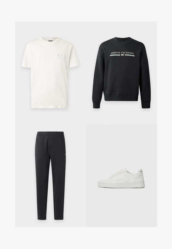 Svart sweatshirt tillverkad av mjukt tyg. Har rundad halsringning och långa ärmar. Framtill står det "ARMANI EXCHANGE" och "1991" i kontrasterande färger.; Vit bomullströja med rundad halsringning och korta ärmar, med en liten rektangulär logotyp-patch i det övre vänstra hörnet.; Svarta joggingbyxor i mjukt tyg, med elastisk midja, raka ben och en liten logotypdetalj på sidan.; Vita lädersneakers med en jämn yta, rund tå, platta snörningar och en strukturerad sula. Har en diskret logotyp på hälen.