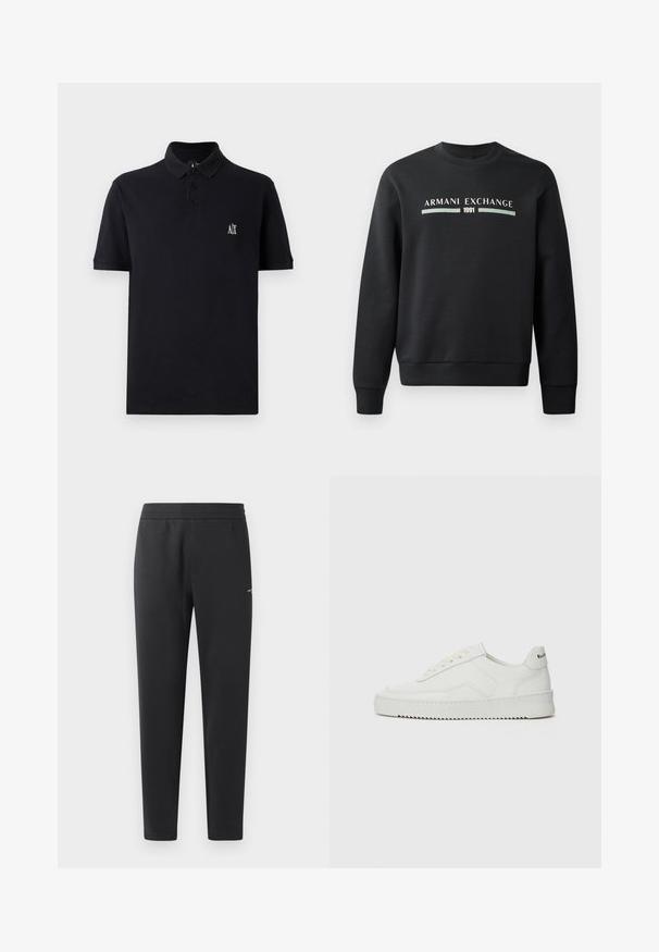 Černá mikina vyrobená z měkké látky. Má klasický kulatý výstřih a dlouhé rukávy. Na přední straně je nápis "ARMANI EXCHANGE" a "1991" v kontrastních barvách.; Černé polo tričko z bavlny, s krátkým límcem, třemi knoflíky a malým vyšitým logem na hrudi. Jednoduchý design, krátké rukávy.; Černé joggingové kalhoty vyrobené z měkké tkaniny, s elastickým pasem, rovnými nohavicemi a malým logem na boku.; Bílé kožené tenisky s hladkým povrchem, kulatou špičkou, plochými tkaničkami a texturovanou podrážkou. Na patě se nachází nenápadné logo.