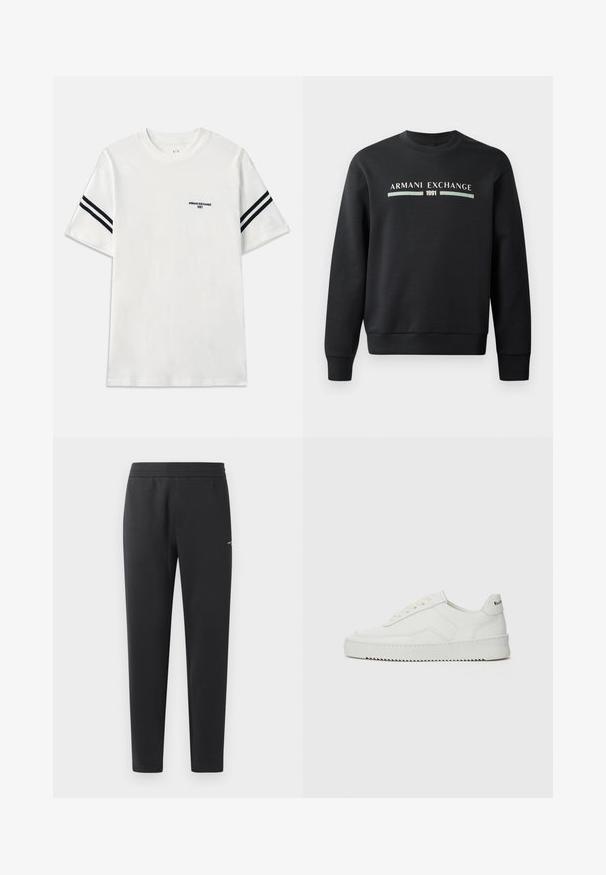 Mustakas sweatshirts, mis on valmistatud pehmest kangast. Omab ümmargust kaelust ja pikki varrukaid. Ees on kujutatud "ARMANI EXCHANGE" ja "1991" kontrastsetes värvides.; Valge puuvillane T-särk, millel on lühikesed varrukad, ümar kaelus ja mustad triibud varrukatel. Rinnal väike tikandiga logo.; Mustad jogger pants pehmest kangast, millel on elastne vöökoht, sirged sääred ja üks väike logodetail küljel.; Valge nahast tennis, millel on sile põhi, ümar varvas, lamedad nöörid ja tekstuuriline tall. Sisaldab diskreetset logo kontsaribal.