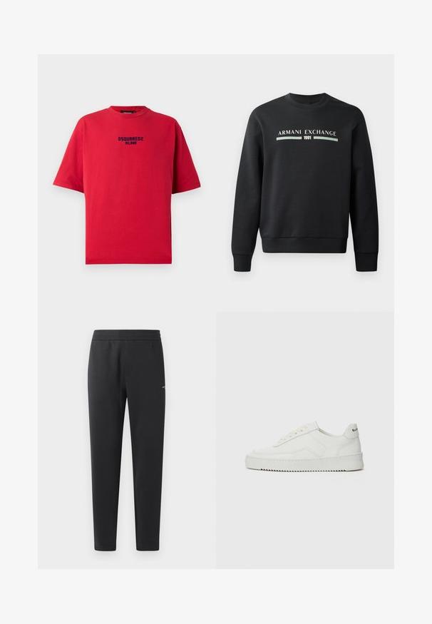 Črna trenirka iz mehkega materiala. Ima okroglo izrezano vratno odprtino in dolge rokave. Na sprednji strani je prikazano "ARMANI EXCHANGE" in "1991" v kontrastnih barvah.; Rdeča bombažna majica s kratkimi rokavi in okroglo ovratnikom, s črnim tiskanim logotipom "DSQUARED2 MILANO" spredaj.; Črne trenirka hlače iz mehkega blaga, z elastičnim pasom, ravnimi nogami in z enim majhnim logotipom na strani.; Bela usnjena športna obutev z gladko površino, okroglo prst, ravne vezalke in teksturiran podplat. Ima diskretno logo na peti.