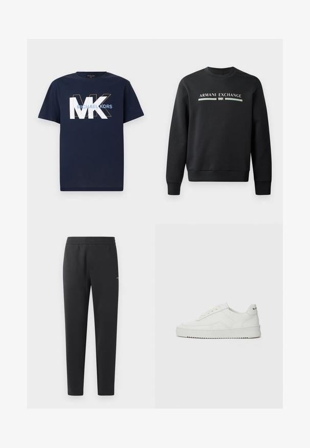 Melna sporta krekla izgatavots no mīksta auduma. Tam ir apaļš kakls un garas piedurknes. Priekšpusē ir rakstīts "ARMANI EXCHANGE" un "1991" kontrastējošās krāsās.; Jūras zila īsām piedurknēm T-kreklu ar lieliem baltiem "MK" burtiem, apvilktiem ar oranžu krāsu, un "MICHAEL KORS" tekstu gaiši zilā krāsā krūšu daļā.; Melni sporta bikses, kas izgatavotas no mīkstas auduma, ar elastīgu jostasvietu, taisnām kājām un nelielu logotipa detaļu sānos.; Baltas ādas sneakers ar gludu virsmu, apaļu pirkstu daļu, plakaniem šņorēm un teksturētu zoli. Satur diskrētu logotipu uz papēža.