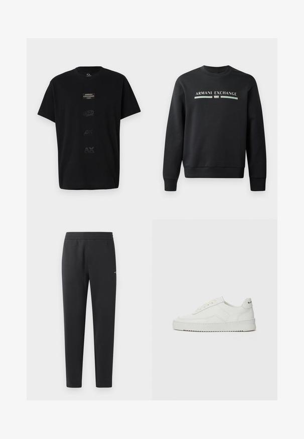 Svart hettegenser laget av mykt stoff. Har rund hals og lange ermer. Framsiden viser "ARMANI EXCHANGE" og "1991" i kontrastfarger.; Svart bomulls t-skjorte med rund hals, korte ermer og flere pregete logoer i varierende størrelser og nyanser av svart på fronten.; Sorte joggebukser laget av myk stoff, med elastisk midjebånd, rette ben og en liten logo detalj på siden.; Hvite lærersneakers med en jevn overflate, rund tå, flate lisser og en teksturert såle. Har en subtil logo på hælen.