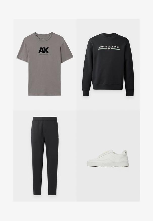 Black sweatshirt made from soft fabric. Features a crew neckline and long sleeves. The front displays "ARMANI EXCHANGE" and "1991" in contrasting colors.; Gray cotton t-shirt featuring a black printed logo with "AX" and "ARMANI EXCHANGE" text. Classic crew neck and short sleeves.; Black jogger pants made of soft fabric, featuring an elastic waistband, straight legs, and a single small logo detail on the side.; White leather sneaker with a smooth finish, round toe, flat laces, and a textured sole. Features a subtle logo on the heel.