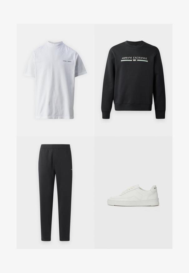 Zwarte sweatshirt gemaakt van zachte stof. Heeft een ronde hals en lange mouwen. De voorkant toont "ARMANI EXCHANGE" en "1991" in contrasterende kleuren.; Witte katoenen t-shirt met een hoge hals en korte mouwen. Voorzien van het 'SAMSØE SAMSØE' logo in het zwart op de voorkant. Glad van textuur.; Zwarte joggingsbroek gemaakt van zachte stof, met een elastische tailleband, rechte pijpen en een klein logo detail aan de zijkant.; Witte leren sneaker met een gladde afwerking, ronde neus, platte veters en een gestructureerde zool. Kenmerkt zich door een subtiel logo op de hiel.