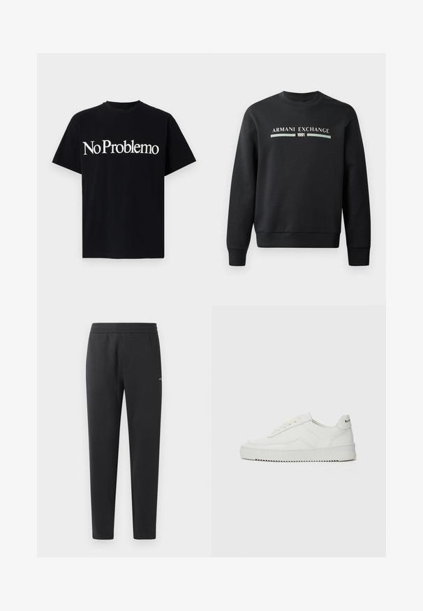 Sweatshirt preto feito de tecido suave. Possui um decote redondo e mangas longas. A parte da frente exibe "ARMANI EXCHANGE" e "1991" em cores contrastantes.; T-shirt de algodão preta com mangas curtas e decote redondo. O texto na frente diz "No Problemo" em grande fonte branca.; Calças de treino pretas feitas de tecido suave, com um cós elástico, pernas retas e um pequeno detalhe de logotipo de um lado.; Sapatilha de couro branco com acabamento suave, bico redondo, atacadores planos e uma sola texturizada. Apresenta um logotipo discreto no calcanhar.