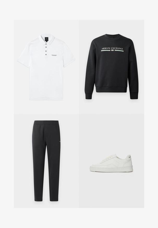 Zwarte sweatshirt gemaakt van zachte stof. Heeft een ronde hals en lange mouwen. De voorkant toont "ARMANI EXCHANGE" en "1991" in contrasterende kleuren.; Witte polo shirt gemaakt van katoen met korte mouwen, een kraag, vijf donkere knopen en geborduurd 'Armani Exchange' logo op de borst.; Zwarte joggingsbroek gemaakt van zachte stof, met een elastische tailleband, rechte pijpen en een klein logo detail aan de zijkant.; Witte leren sneaker met een gladde afwerking, ronde neus, platte veters en een gestructureerde zool. Kenmerkt zich door een subtiel logo op de hiel.