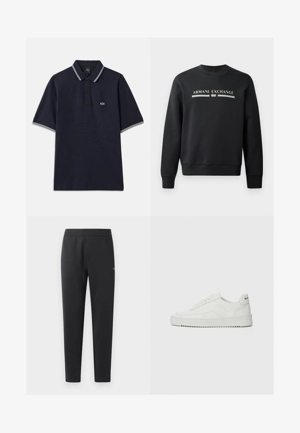Fekete pulóver, puha anyagból készült. Kerek nyakú, hosszú ujja van. Az elülső részén "ARMANI EXCHANGE" és "1991" felirat látható eltérő színben.; Tengerészkék pólóing pamutból, klasszikus gallérral, két gombos kivágással, és fehér csíkkal az ujjain. Kis logó a mellrészén.; Fekete sportnadrág puha anyagból, rugalmas derékpánttal, egyenes szárakkal és egy kis logó részlettel az oldalán.; Fehér bőr sportcipő sima felülettel, kerek orral, lapos fűzőkkel és texturált talppal. Finom logó található a sarokon.