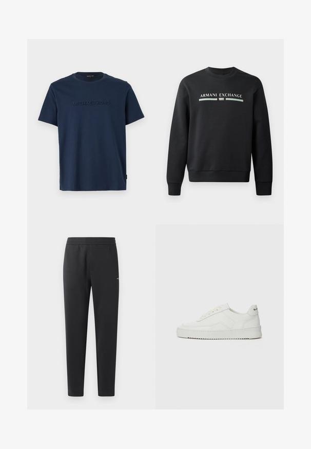 Čierna mikina vyrobená z mäkkej tkaniny. Má okrúhly výstrih a dlhé rukávy. Na prednej strane zobrazuje "ARMANI EXCHANGE" a "1991" v kontrastných farbách.; Námornícky modré bavlnené tričko s krátkymi rukávmi a okrúhlym výstrihom; na prednej strane sa nachádza vyvýšené logo "MICHAEL KORS".; Čierne joggingové nohavice z mäkkej tkaniny, s elastickým pásom, rovnými nohavicami a malým logom na boku.; Biele kožené tenisky s hladkým povrchom, okrúly špičkový dizajn, ploché šnúrky a textúrovaná podrážka. Obsahujú jemné logo na päte.