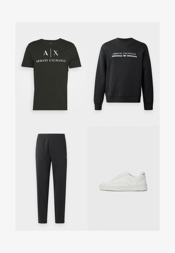 Svart sweatshirt tillverkad av mjukt tyg. Har rundad halsringning och långa ärmar. Framtill står det "ARMANI EXCHANGE" och "1991" i kontrasterande färger.; Svart crew-neck t-shirt i bomull med "A|X ARMANI EXCHANGE" logotyp i vitt. Kort ärm och en avslappnad passform.; Svarta joggingbyxor i mjukt tyg, med elastisk midja, raka ben och en liten logotypdetalj på sidan.; Vita lädersneakers med en jämn yta, rund tå, platta snörningar och en strukturerad sula. Har en diskret logotyp på hälen.