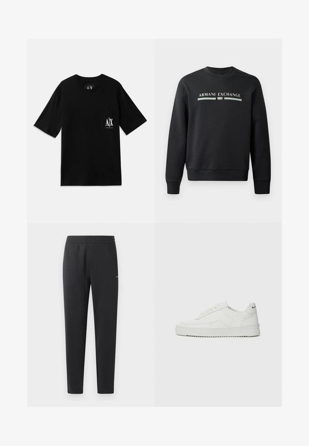 Melna sporta krekla izgatavots no mīksta auduma. Tam ir apaļš kakls un garas piedurknes. Priekšpusē ir rakstīts "ARMANI EXCHANGE" un "1991" kontrastējošās krāsās.; Melna īsām piedurknēm T-kreklu, izgatavots no kokvilnas, ar kabatu kreisajā krūtīs, uz kuras ir balts drukāts logo, un apaļu kakla izgriezumu.; Melni sporta bikses, kas izgatavotas no mīkstas auduma, ar elastīgu jostasvietu, taisnām kājām un nelielu logotipa detaļu sānos.; Baltas ādas sneakers ar gludu virsmu, apaļu pirkstu daļu, plakaniem šņorēm un teksturētu zoli. Satur diskrētu logotipu uz papēža.