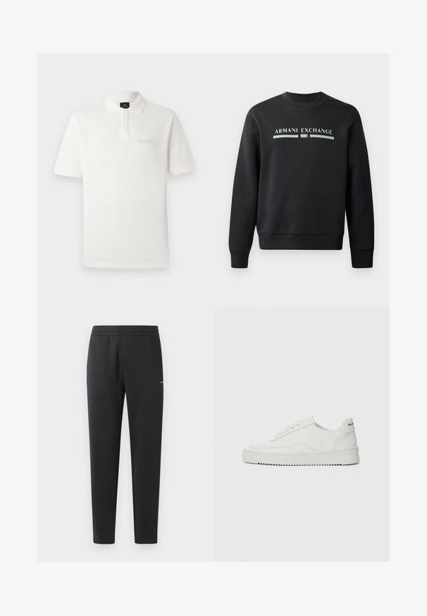 Svart sweatshirt tillverkad av mjukt tyg. Har rundad halsringning och långa ärmar. Framtill står det "ARMANI EXCHANGE" och "1991" i kontrasterande färger.; Vit polo skjorta i bomull med korta ärmar, en klassisk krage och en liten broderad logotyp på bröstet. Slät textur.; Svarta joggingbyxor i mjukt tyg, med elastisk midja, raka ben och en liten logotypdetalj på sidan.; Vita lädersneakers med en jämn yta, rund tå, platta snörningar och en strukturerad sula. Har en diskret logotyp på hälen.