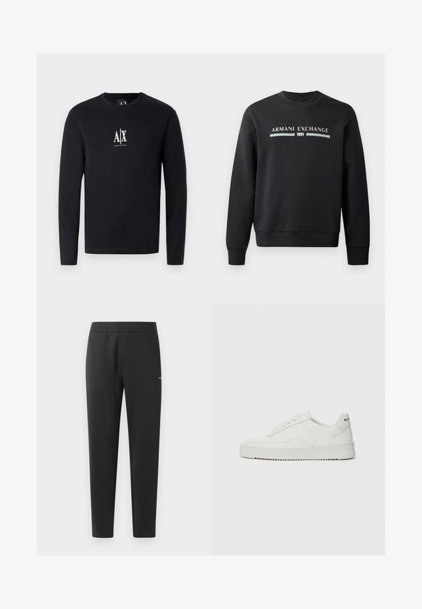 Černá mikina vyrobená z měkké látky. Má klasický kulatý výstřih a dlouhé rukávy. Na přední straně je nápis "ARMANI EXCHANGE" a "1991" v kontrastních barvách.; Černé tričko s dlouhým rukávem vyrobené z bavlny, s bílým logem A|X na hrudi. Má kulatý výstřih a rovný lem.; Černé joggingové kalhoty vyrobené z měkké tkaniny, s elastickým pasem, rovnými nohavicemi a malým logem na boku.; Bílé kožené tenisky s hladkým povrchem, kulatou špičkou, plochými tkaničkami a texturovanou podrážkou. Na patě se nachází nenápadné logo.