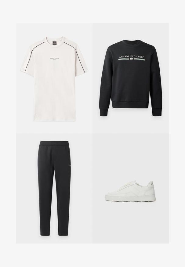 Black sweatshirt made from soft fabric. Features a crew neckline and long sleeves. The front displays "ARMANI EXCHANGE" and "1991" in contrasting colors.; Off-white t-shirt in cotton, features short sleeves, round neckline, contrasting black stitching on shoulders, and printed logo text.; Black jogger pants made of soft fabric, featuring an elastic waistband, straight legs, and a single small logo detail on the side.; White leather sneaker with a smooth finish, round toe, flat laces, and a textured sole. Features a subtle logo on the heel.
