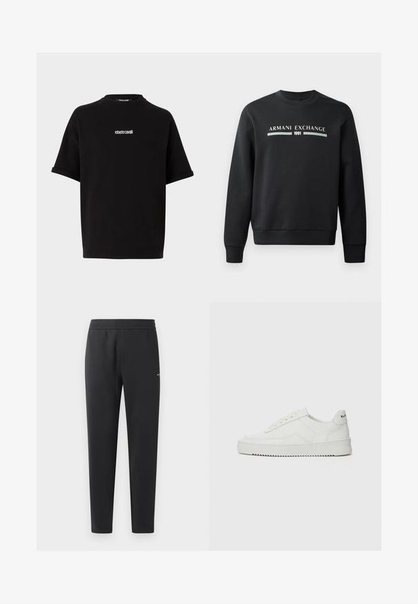 Crna dukserica napravljena od mekog materijala. Ima okrugli izrez i duge rukave. Na prednjoj strani se nalaze natpisi "ARMANI EXCHANGE" i "1991" u kontrastnim bojama.; Crna majica s kratkim rukavima s malim bijelim logom "roberto cavalli" centriranim na prsima, s ravnim izrezom i rolama na manžetama.; Crne trenirke izrađene od mekanog materijala, sa elastičnom trakastom, ravnim nogavicama i jednim malim logom sa strane.; Bijele kožne tenisice s glatkom površinom, okruglim vrhom, ravnim vezicama i teksturiranom potplatom. Imaju suptilan logo na peti.