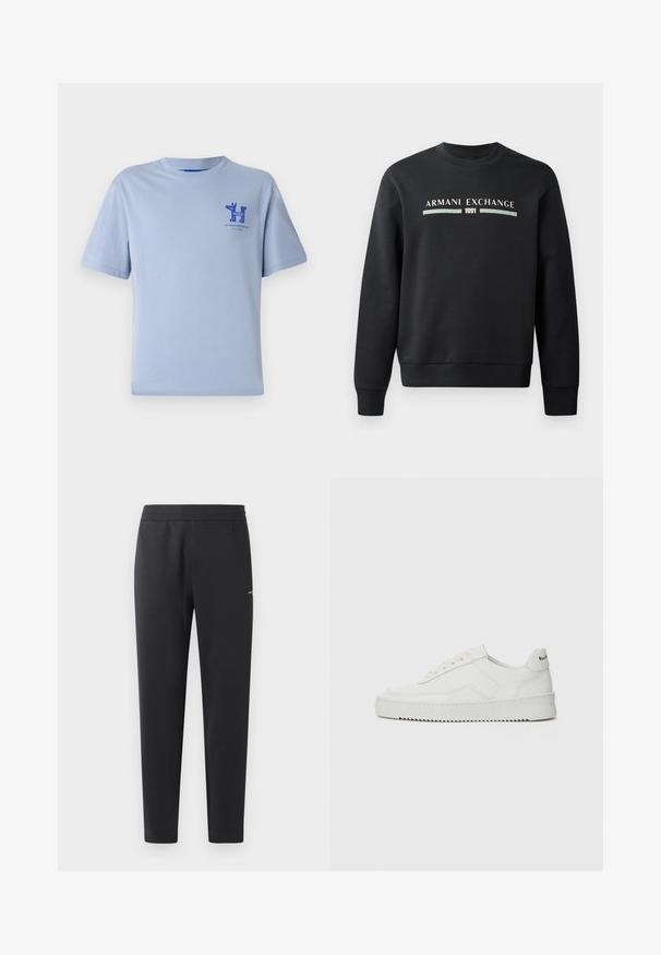 Sweatshirt preto feito de tecido suave. Possui um decote redondo e mangas longas. A parte da frente exibe "ARMANI EXCHANGE" e "1991" em cores contrastantes.; T-shirt de algodão azul-claro com mangas curtas, decote redondo e estampa gráfica azul no peito com texto e elementos de design.; Calças de treino pretas feitas de tecido suave, com um cós elástico, pernas retas e um pequeno detalhe de logotipo de um lado.; Sapatilha de couro branco com acabamento suave, bico redondo, atacadores planos e uma sola texturizada. Apresenta um logotipo discreto no calcanhar.