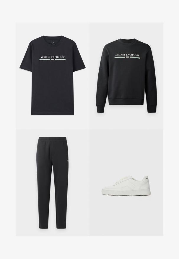 Juodas džemperis, pagamintas iš minkštos medžiagos. Papuoštas apvaliu kaklu ir ilgomis rankovėmis. Priekyje išspausdinta "ARMANI EXCHANGE" ir "1991" kontrastingomis spalvomis.; Juodas medvilnės marškinėliai su "Armani Exchange" logotipu ir "1991" balta ir šviesiai mėlyna spalvomis, esančiais krūtinės srityje. Trumpomis rankovėmis, apvalia iškirpte.; Juodos sportinės kelnės, pagamintos iš minkštos medžiagos, su elastinga juosmeniu, tiesiomis kojomis ir nedideliu logotipo akcentu šone.; Balti odiniai sportiniai bateliai su lygia apdaila, apvaliu pirštu, plokščiais raišteliais ir tekstūruotu padu. Pasižymi subtiliu logotipu ant kulno.