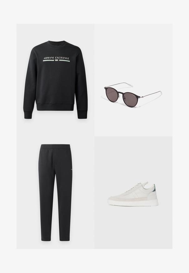 Svart hettegenser laget av mykt stoff. Har rund hals og lange ermer. Framsiden viser "ARMANI EXCHANGE" og "1991" i kontrastfarger.; Sorte joggebukser laget av myk stoff, med elastisk midjebånd, rette ben og en liten logo detalj på siden.; Hvite lær sneakers med grå semsket skinndetaljer, snøring, bånd for å dra opp, og en teksturert gummisåle med en sikksakk-mønster.; Sorte, runde solbriller med mørke linser og slanke metalarmer. Inkluderer klare temple tips og sølvfargede detaljer ved hengslet. Minimalistisk design.