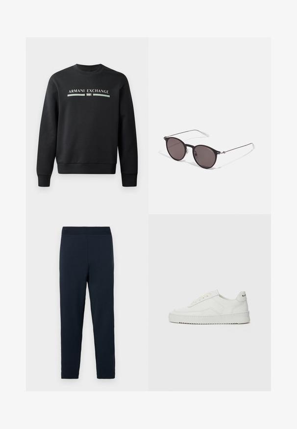 Sweatshirt preto feito de tecido suave. Possui um decote redondo e mangas longas. A parte da frente exibe "ARMANI EXCHANGE" e "1991" em cores contrastantes.; Calças de moletão azul-marinho feitas de uma mistura de algodão suave, com uma cintura elástica, pernas ajustadas e sem padrões ou acentos visíveis.; Sapatilha de couro branco com acabamento suave, bico redondo, atacadores planos e uma sola texturizada. Apresenta um logotipo discreto no calcanhar.; Óculos de sol redondos pretos com lentes escuras e hastes metálicas finas. Inclui pontas de templo transparentes e detalhes em prata na dobradiça. Design minimalista.