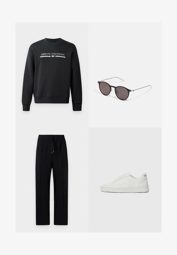 Mustakas sweatshirts, mis on valmistatud pehmest kangast. Omab ümmargust kaelust ja pikki varrukaid. Ees on kujutatud "ARMANI EXCHANGE" ja "1991" kontrastsetes värvides.; Mustmust mustriided, kerged ja elastse vöökoha ning paelaga, millel on kaks esi voldikut ja sirge jalg. Sile tekstuur.; Valge nahast tennis, millel on sile põhi, ümar varvas, lamedad nöörid ja tekstuuriline tall. Sisaldab diskreetset logo kontsaribal.; Mustad mustad prillid tumedate läätsedega ja õhukeste metallist käepidemetega. Kaarja kujuga seljaosa ja hõbedased aktsendid hingel. Minimalistlik disain.