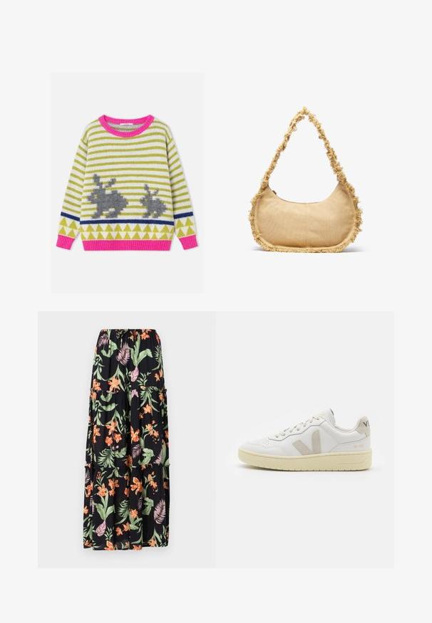 Dryžuotas megztinis su rožine apykakle ir rankogaliais, puoštas dviem pilkos spalvos triušiukų siluetais ir žaliais trikampių raštais ant balto pagrindo.; Juodas gėlių maksi sijonas su oranžinėmis ir rožinėmis gėlėmis, žaliais lapais, elastinga juosmens juosta ir sluoksniuota konstrukcija. Lengvas audinys su plaukiančia tekstūra.; Balti odiniai sportbačiai su kreminiais zomšos akcentais, perforuota pirštų dalimi, plokščiomis raišteliais ir struktūruota kreminėmis padomis. Ant kulno yra subtilus ženklinimas.; Tekstūruotas bežinis krepšys su apvalia forma, nusidėvėjęs apvadas aplink kraštus ir trumpa rankena nešimui. Užtraukiama anga viršuje.