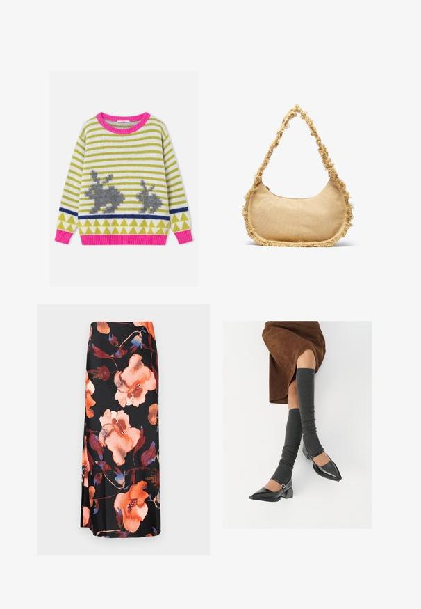 Gestreepte gebreide trui met roze kraag en manchetten, met twee grijze konijnensilhouetten en groene driehoekpatronen op een witte achtergrond.; Florale midi-rok met een zwarte achtergrond en grote oranje en blauwe aquarel bloemen; gladde stof met een lichte glans.; Zwarte gepatineerde leren pumps met een puntige neus, een blokhak en een enkelbandje, gecombineerd met grijze geribde beenwarmers en een bruine suède rok.; Geverfde beige tas met een ronde vorm, rafelige rand langs de randen en een korte schouderband. Ritsopening aan de bovenkant.