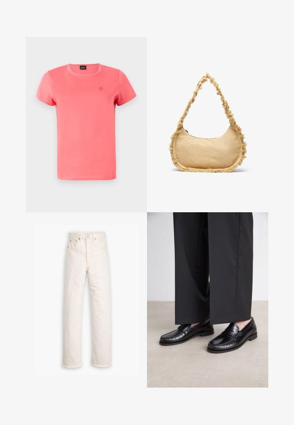 Svītrains adīts džemperis ar rozā apkakli un aprocēm, uz balta fona divas pelēkas zaķa silueta un zaļas trijstūra raksti.; Īsām piedurkņu T-krekls spilgti korallkrāsā, izgatavots no mīksta kokvilnas, ar apaļu kakla izgriezumu un nemanāmu logotipa izšuvumu uz krūtīm.; Baltas denims ar taisnu kāju dizainu, piecu kabatu stilu un varš apdari. Neapstrādāts piegriezums potītēs.; Melnas ādas loafers ar gludu apdari, šūšanas detaļām ap pirkstu un zemu gumijas zoli. Saskaņoti ar platām melnām biksēm.; Tekstūras beigts soma ar noapaļotu formu, ar sakostām malām un īsu siksnu nēsāšanai. Ar rāvējslēdzēja atveri augšpusē.