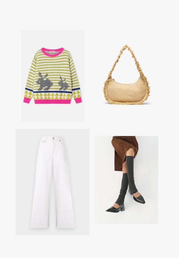 Gestreepte gebreide trui met roze kraag en manchetten, met twee grijze konijnensilhouetten en groene driehoekpatronen op een witte achtergrond.; Witte wijde jeanstype met een hoge taille, vijf zakken, zilveren knoop en ritssluiting. Gemaakt van denim met een gestructureerde afwerking.; Zwarte gepatineerde leren pumps met een puntige neus, een blokhak en een enkelbandje, gecombineerd met grijze geribde beenwarmers en een bruine suède rok.; Geverfde beige tas met een ronde vorm, rafelige rand langs de randen en een korte schouderband. Ritsopening aan de bovenkant.