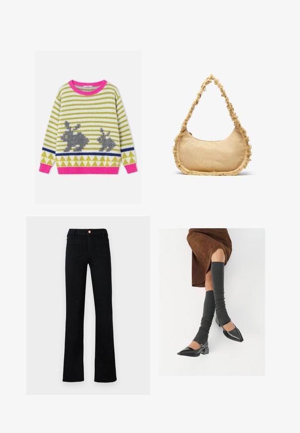 Maglione a righe in maglia con colletto e polsini rosa, caratterizzato da due sagome di coniglio grigio e motivi a triangoli verdi su sfondo bianco.; Jeans neri a vita alta con gamba dritta, dotati di tasche anteriori a toppa e chiusura a bottone di rame su uno sfondo neutro.; Scarpe nere in pelle verniciata con punta affilata, tacco a blocco e cinturino alla caviglia, abbinate a scaldamuscoli grigi a coste e una gonna in suede marrone.; Borsa beige strutturata con forma arrotondata, bordo sfrangiato lungo i lati e una tracolla corta per il trasporto. Apertura con zip nella parte superiore.