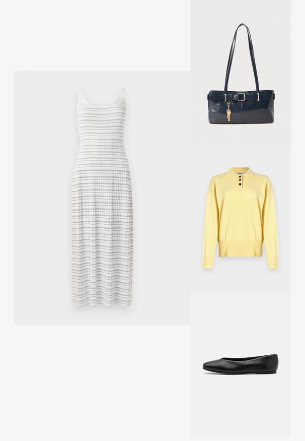 Geel gebreide poloshirt met een kraag, voorzien van drie donkere knopen, een geribde zoom en lange mouwen, gemaakt van zacht materiaal.; Witte maxi-jurk met een aansluitend bovenstuk en een wijde rok. Kenmerkt zich door horizontale blauwe strepen en een ribbeltextuur, met dunne schouderbandjes.; Paul Smith TOPANGA - Ballerina's - black; Marine leren handtas met twee lange hengsels, een gespdetail en een sleutelhanger eraan bevestigd. Heeft een gladde textuur en een rechthoekige vorm.