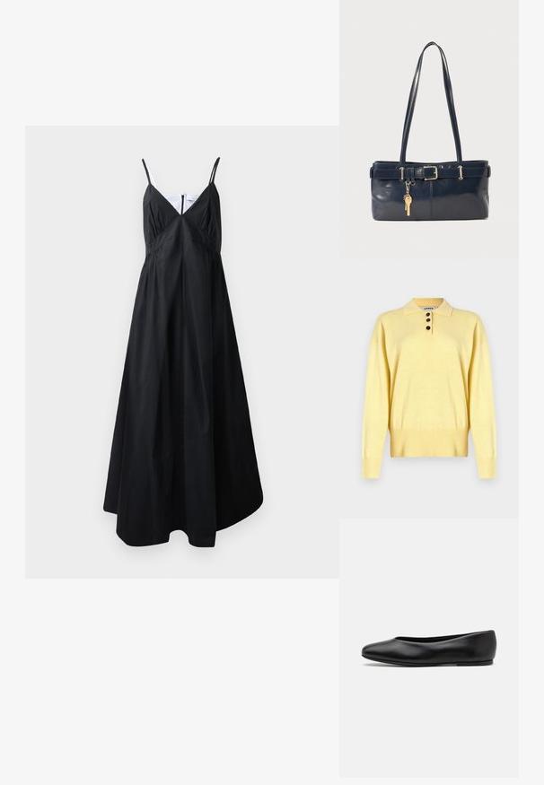 Keltainen neulottu polo pusero, jossa on kaulus, kolme tumman väristä nappia, ribbireunus ja pitkät hihat, valmistettu pehmeästä kankaasta.; Musta maksimekko, joka on valmistettu kevyestä kankaasta. Siinä on ohuet olkaimet, V-pääntie, poimutettu vartalo ja valuva siluetti. Puhtaat linjat, ei kuvioita.; Paul Smith TOPANGA - Ballerinat - black; La handbagin sininen nahka, jossa on kaksi pitkää kahvaa, Buckle-yksityiskohta ja avaimenperä kiinnitettynä. Sen pinta on sileä ja muoto on suorakulmainen.