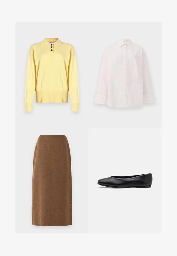 Polo sweater giallo a maglia con colletto, dotato di tre bottoni scuri, orlo a coste e maniche lunghe, realizzato in un tessuto morbido.; Camicia button-up rosa chiaro con strisce bianche verticali, maniche lunghe, colletto a punta e una tasca sul petto. Tessuto morbido.; Gonna marrone al ginocchio realizzata in tessuto morbido con una texture liscia e una linea dritta; presenta una sottile cucitura lungo i lati.; Paul Smith TOPANGA - Ballerine - black