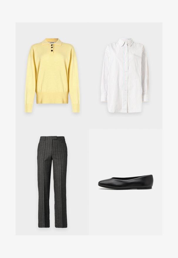 Žuti pleteni polo džemper s ovratnikom, s tri tamne gumbe, rebrastim porubom i dugim rukavima, izrađen od mekane tkanine.; Bijela košulja s dugim rukavima s vertikalnim prugama u svijetloplavoj i ružičastoj boji. Ima kopčanje na gumbe sprijeda i ovratnik ušiljenog oblika. Mekani materijal.; Sive krojene hlače s vertikalnim prugama, ravnim prednjim dijelom i omčama za remen; izrađene od teksturiranog materijala, s pravim krojem.; Paul Smith TOPANGA - Balerinke - black