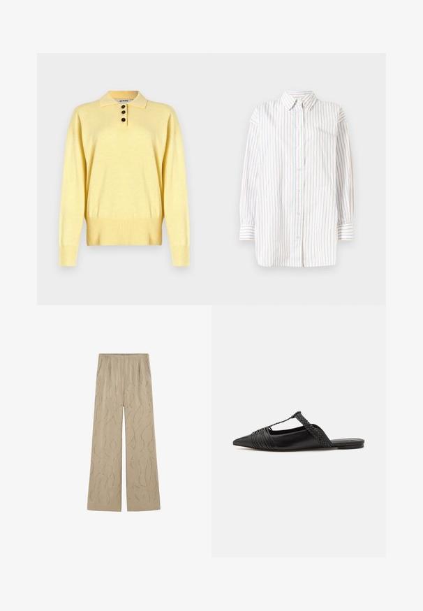 Pull polo tricoté jaune avec un col, comportant trois boutons foncés, un ourlet côtelé et des manches longues, fabriqué en tissu doux.; Chemise à boutons avec manches longues, présentant des rayures verticales en blanc, bleu clair et rose clair. Tissu léger avec un col.; Pantalons larges beige en tissu lisse, avec un motif ondulé argenté et une taille élastique, dotés de poches latérales.; Chaussure en cuir noir à talon ouvert avec un bout pointu, présentant un accent tressé et un design supérieur plissé. Semelle plate avec un matériel minimal.