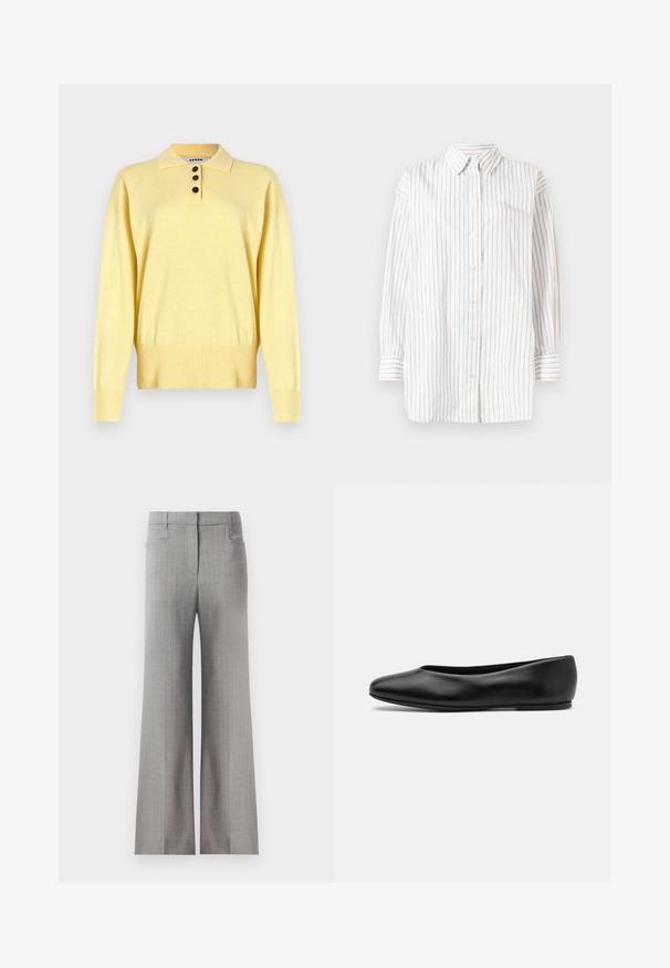 Geel gebreide poloshirt met een kraag, voorzien van drie donkere knopen, een geribde zoom en lange mouwen, gemaakt van zacht materiaal.; Witte lange mouw blouse met verticale strepen in lichtblauw en roze. Voorzien van een knoopsluiting aan de voorkant en een spitse kraag. Zachte stof.; Lichtgrijze wijde broek met een gestreept patroon, voorzien van een op maat gemaakte tailleband en twee zijzakken. Soepele stofstructuur.; Paul Smith TOPANGA - Ballerina's - black