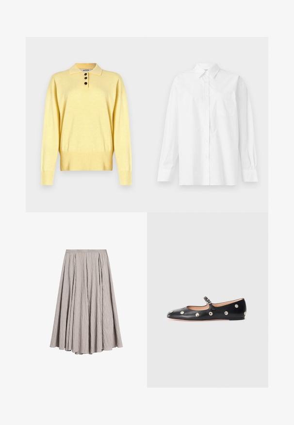Gul strikket polo sweater med krave, der har tre mørke knapper, ribbet bund og lange ærmer, lavet af blødt stof.; Hvid langærmet skjorte lavet af bomuld, med klassisk krave, knaplukning og en enkelt brystlomme på venstre side.; Lys grå midi-nederdel lavet af struktureret stof med lodrette plisseringer, der har en tætsiddende talje og en svagt udstående A-linjeform.; Sorte læder Mary Jane flad sko med en rund tå, udstyret med sølvfarvede runde nitter og en justerbar rem med spænde.