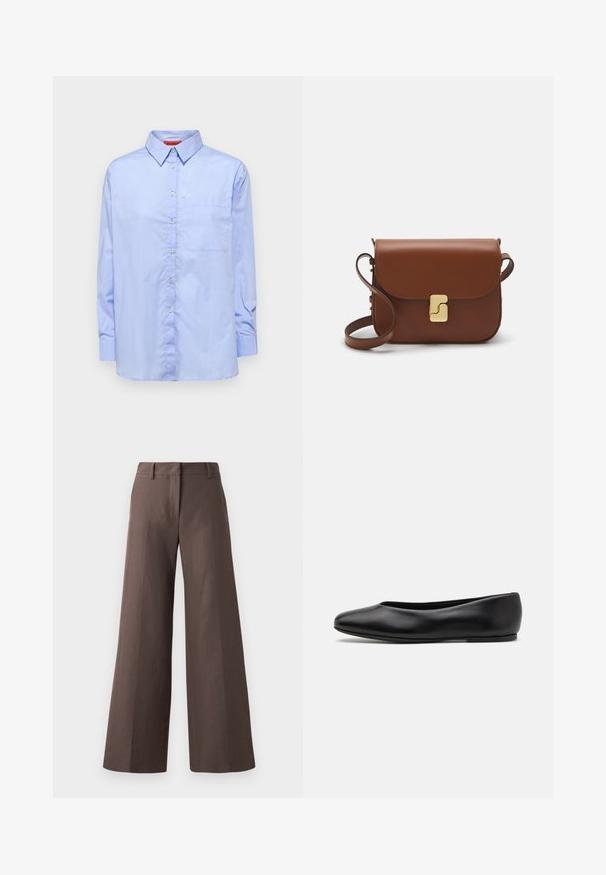 Gul strikket polo sweater med krave, der har tre mørke knapper, ribbet bund og lange ærmer, lavet af blødt stof.; Lyseblå langærmet skjorte med krave, lomme foran og en glat tekstur. Har knapper langs fronten.; Brune brede bukser lavet af et glat stof; har en flad front, bæltestropper og lodrette sømme ned ad benene.; Paul Smith TOPANGA - Ballerinasko - black; Brun læder håndtaske med flaplukning, hardware i gyldent tone, en skulderrem og en glat overflade. Kompakt rektangulær form.