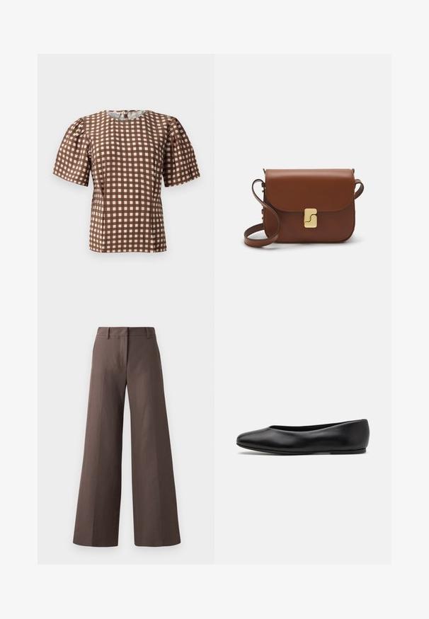 Yellow knitted polo sweater with a collar, featuring three dark buttons, ribbed hem, and long sleeves, made from soft fabric.; Brown and white checker patterned top with short puff sleeves and a round neckline. Features a zipper at the back and smooth fabric texture.; Brown wide-leg trousers made from a smooth fabric; features a flat front, belt loops, and vertical seams down the legs.; Paul Smith TOPANGA - Ballet pumps - black; Brown leather handbag with a flap closure, gold-tone hardware, a shoulder strap, and a smooth texture. Compact rectangular shape.